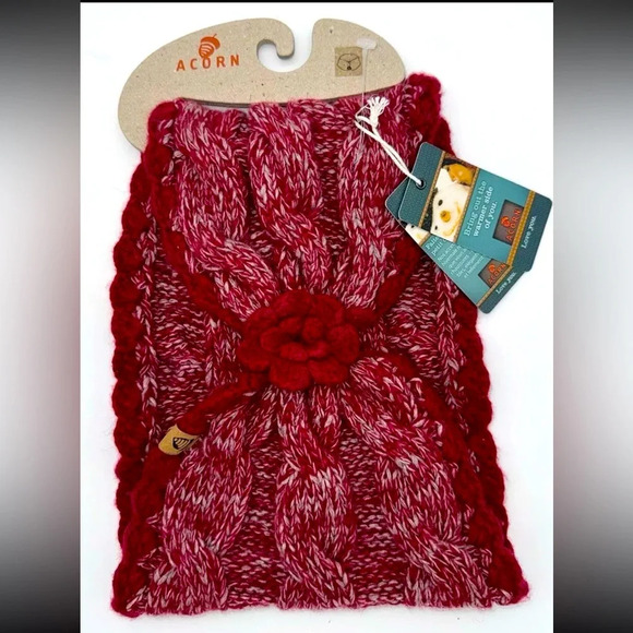 Acorn Accessories - NECK WARMER SCARF Collar Red Crochet Cable Knit Decorative Flower Button Winter